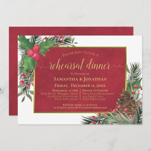 Invitation Dîner de répétition Mariage Holly & Pine (Devant / Derrière)