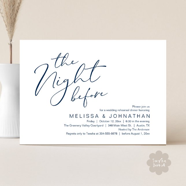 Invitation Dîner De Répétition mariage La Nuit Avant (The Night Before Romantic Modern Wedding Rehearsal Dinner Aesthetic Invites PDF Classy Navy Blue)