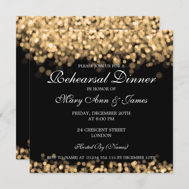 Invitation Dîner de répétition mariage Lumières d'or (Devant / Derrière)