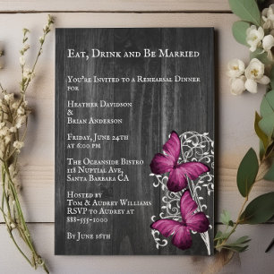 Invitation Dîner de répétition Mariage Magenta Rustic Butterf