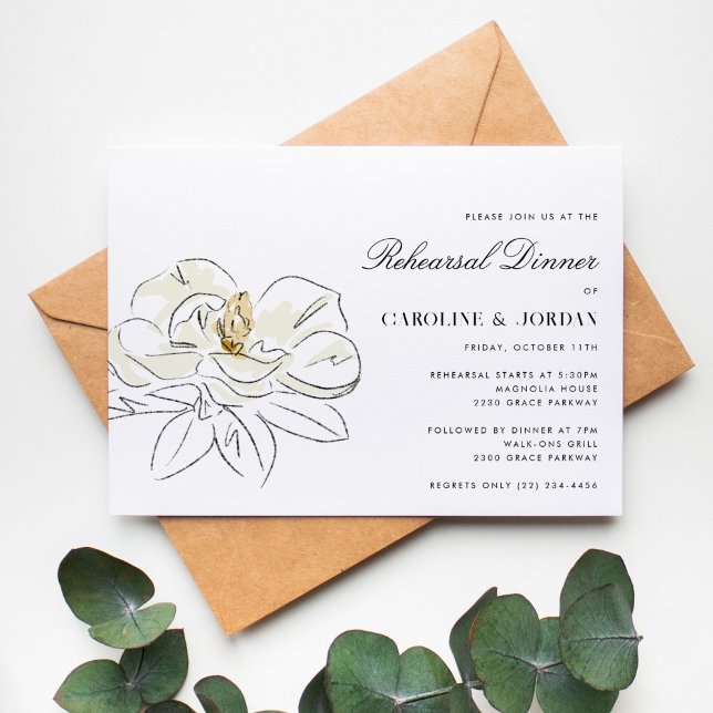 Invitation Dîner de répétition Mariage Magnolia Blanc (Beautiful Southern-inspired wedding rehearsal dinner invitation with a white magnolia illustration.)