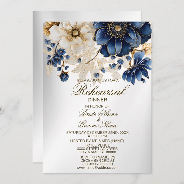 Invitation Dîner de répétition mariage Marine Bleu Blanc Flor (Devant / Derrière)