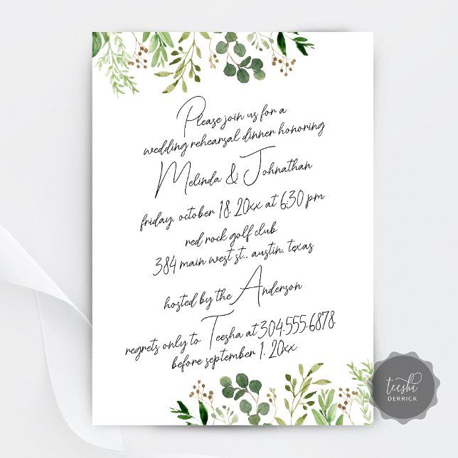 Invitation Dîner de répétition mariage, Modern Greenery (Wedding Rehearsal Dinner party, Modern Greenery Invitation Card, Digital Download)