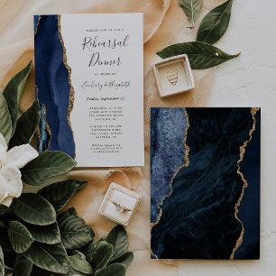 Invitation Dîner de répétition Mariage moderne Blue Gold Agat