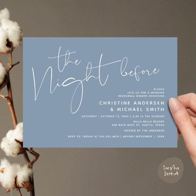 Invitation Dîner De Répétition Mariage Moderne, La Nuit Avant (Modern Wedding Rehearsal Dinner, The Night Before Invitation Card Minimalist Beautiful Dusty Blue)