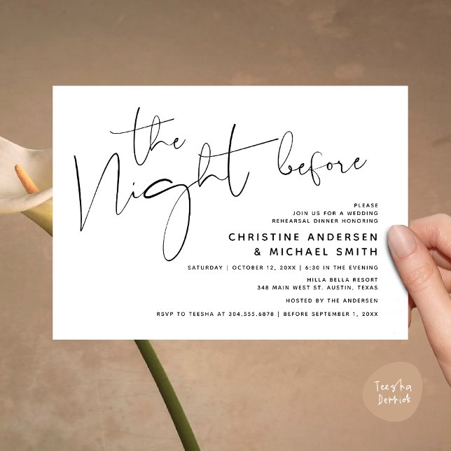 Invitation Dîner De Répétition Mariage Moderne, La Nuit Avant (Modern Wedding Rehearsal Dinner, The Night Before Invitation Card Minimalist Beautiful White Black)