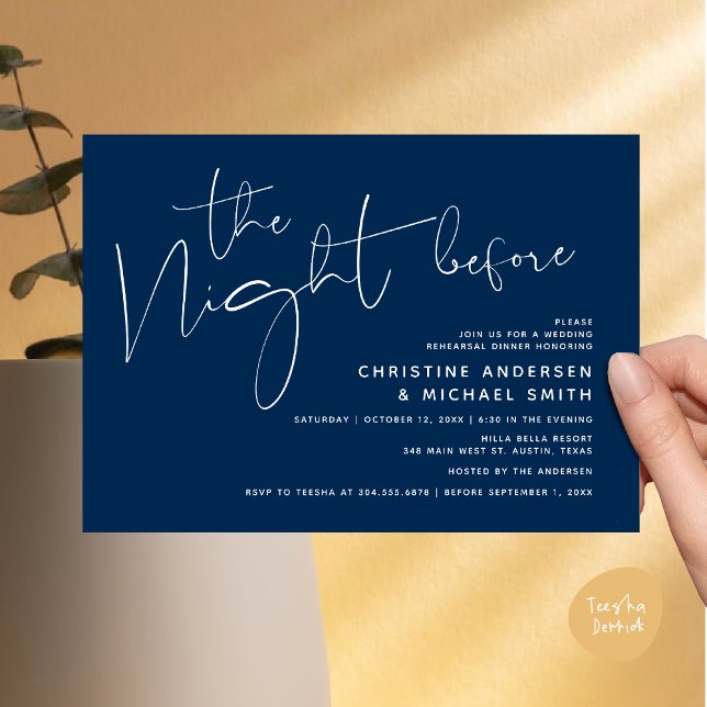 Invitation Dîner De Répétition Mariage Moderne, La Nuit Avant (Modern Wedding Rehearsal Dinner, The Night Before Invitation Card Minimalist Beautiful Navy Blue)