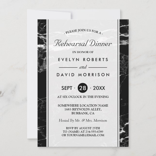 Invitation Dîner de répétition mariage moderne Marbre noir bl (Devant)