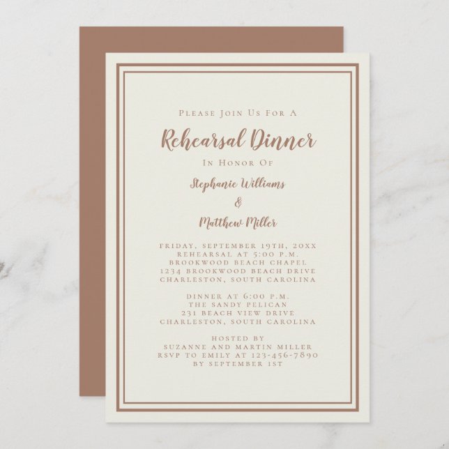 Invitation Dîner de répétition mariage Moderne Rustique Mocha (Devant / Derrière)