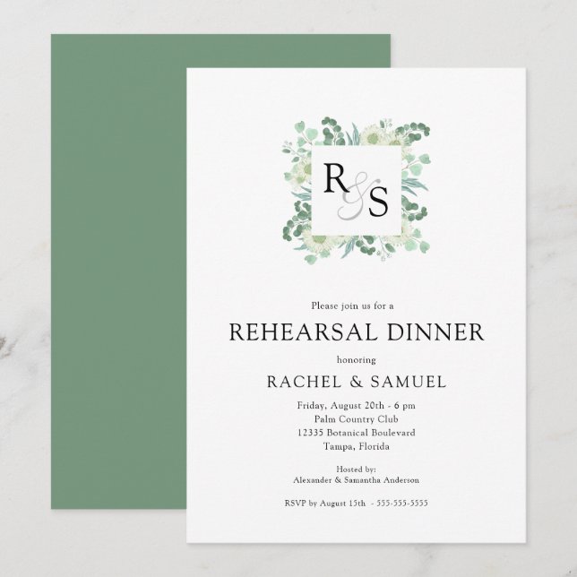 Invitation Dîner de répétition Mariage Monogram Greenery (Devant / Derrière)