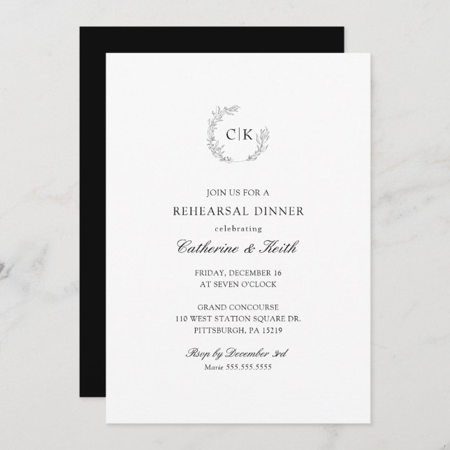 Invitation Dîner de répétition Mariage monogramme élégant (Devant / Derrière)