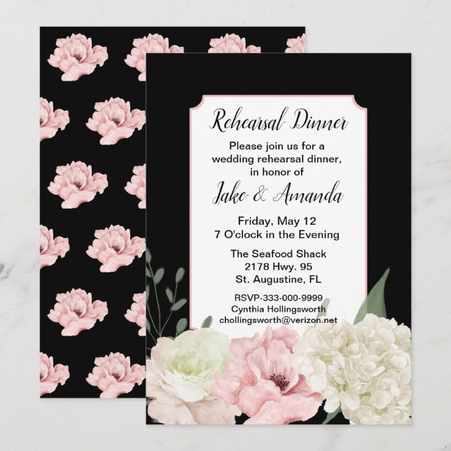 Invitation Dîner de répétition Mariage noir et rose (Devant / Derrière)