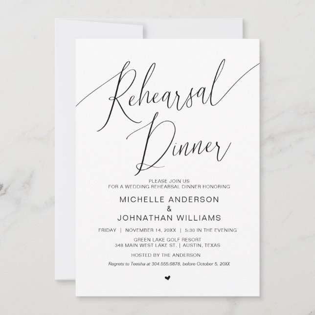 Invitation Dîner de répétition mariage, Noir moderne simple (Devant)