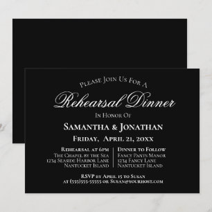 Invitation Dîner de répétition Mariage noir simple et élégant