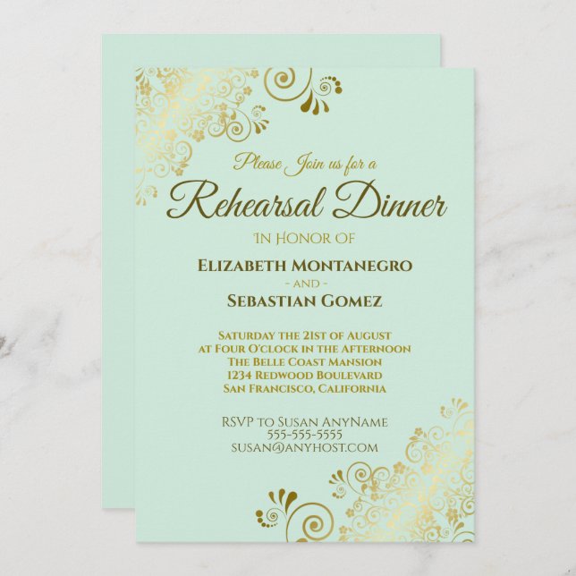Invitation Dîner de répétition Mariage Ornate Gold & Mint Gre (Devant / Derrière)