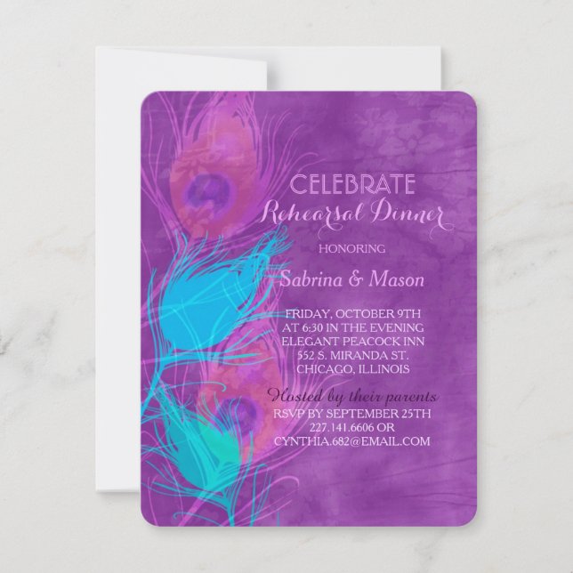 Invitation Dîner de répétition Mariage Peacock à thème violet (Devant)