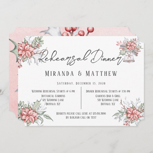 Invitation Dîner de répétition Mariage Poinsettia peint (Devant / Derrière)