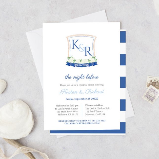 Invitation Dîner de répétition Mariage Preppy Nautical Crest (Coastal-inspired White Hydrangeas Monogram Crest wedding rehearsal dinner invitation)