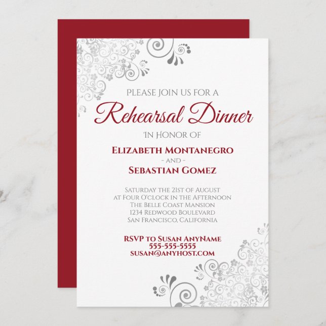 Invitation Dîner de répétition Mariage Red & White Silver Cur (Devant / Derrière)