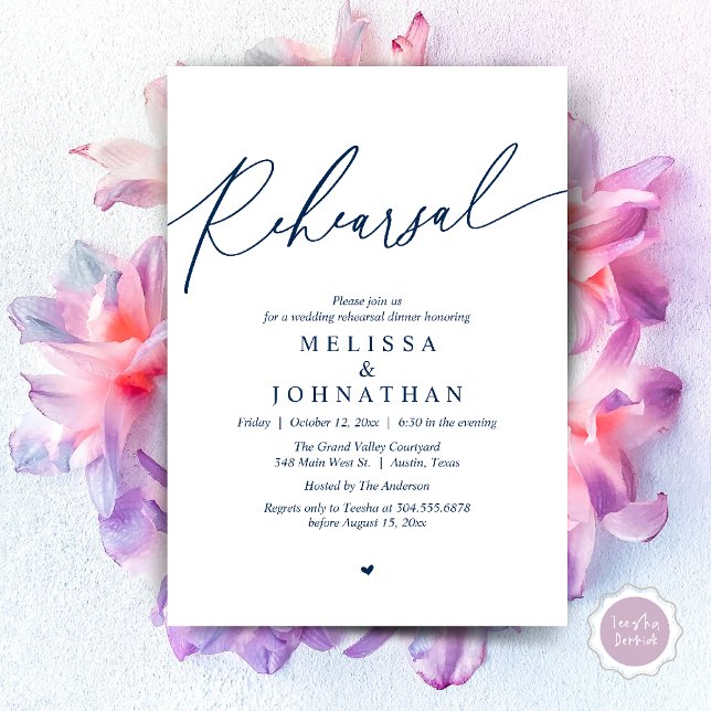 Invitation Dîner de répétition Mariage romantique moderne (Modern Romantic Wedding Rehearsal Dinner Dancing Invitation Card PDF Navy Blue)