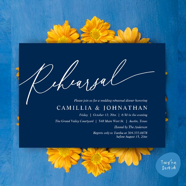 Invitation Dîner de répétition Mariage romantique moderne (Modern Romantic Wedding Rehearsal Dinner Dancing Invitation Card PDF Navy Blue)