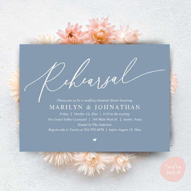 Invitation Dîner de répétition Mariage romantique moderne (Modern Romantic Wedding Rehearsal Dinner Dancing Invitation Card PDF Aesthetic Dusty Blue)