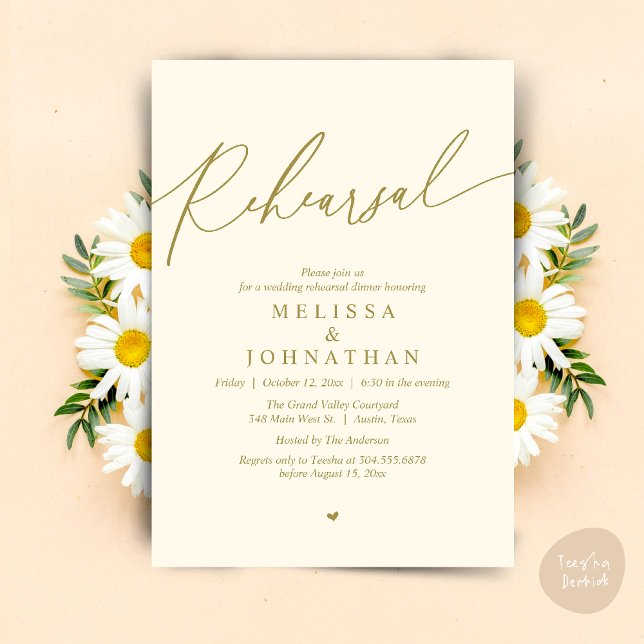 Invitation Dîner de répétition Mariage romantique moderne (Modern Romantic Wedding Rehearsal Dinner Dancing Invitation Card PDF Aesthetic Yellow Gold)