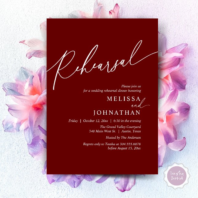 Invitation Dîner de répétition Mariage romantique moderne (Modern Romantic Wedding Rehearsal Dinner Dancing Invitation Card PDF Aesthetic Burgundy wine red)