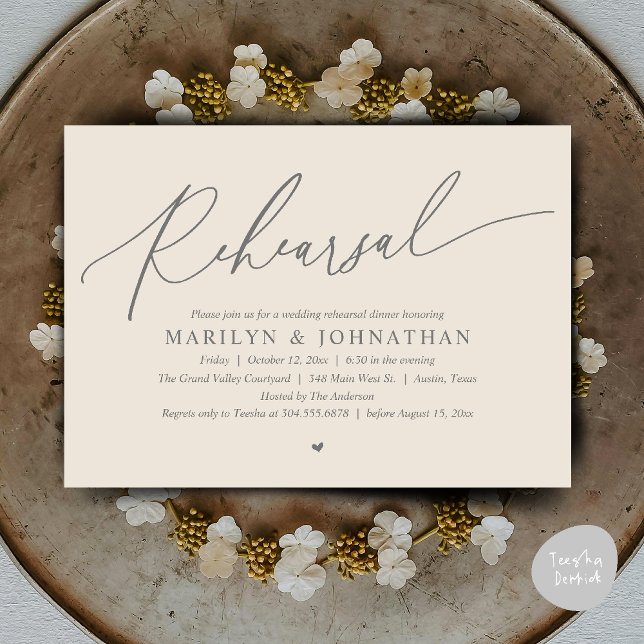 Invitation Dîner de répétition Mariage romantique moderne (Modern Romantic Wedding Rehearsal Dinner Dancing Invitation Card PDF Aesthetic Cream Grey)