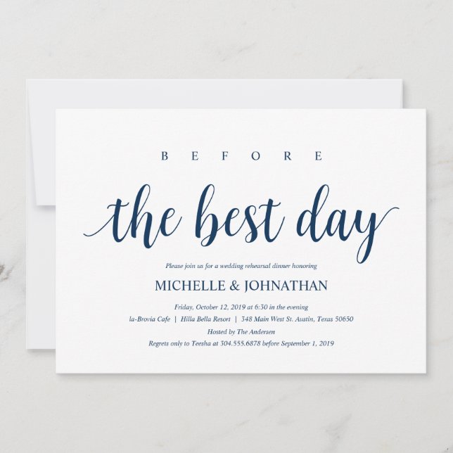 Invitation Dîner de répétition Mariage rustique, bleu marine (Devant)