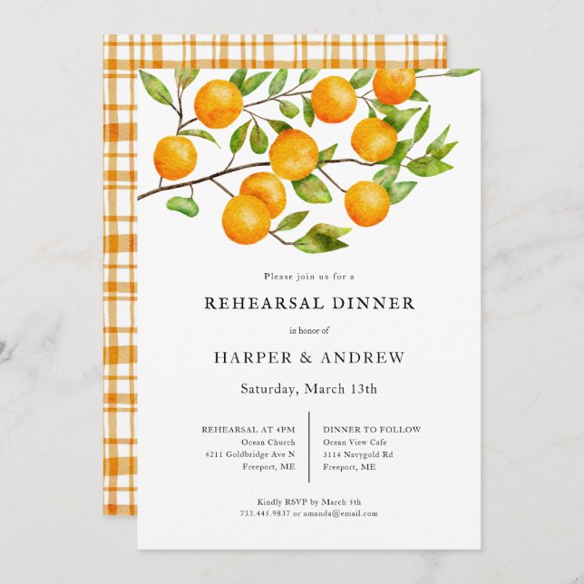Invitation Dîner de répétition Mariage rustique Citrus (Devant / Derrière)