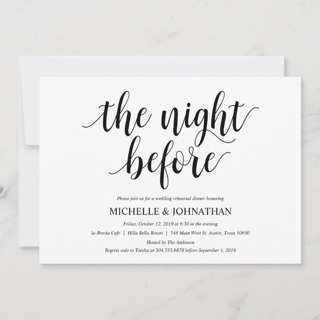 Invitation Dîner de répétition Mariage rustique, noir et blan (Devant)