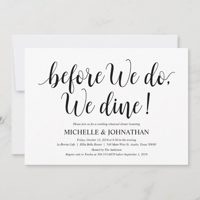 Invitation Dîner de répétition Mariage rustique, noir et blan (Devant)