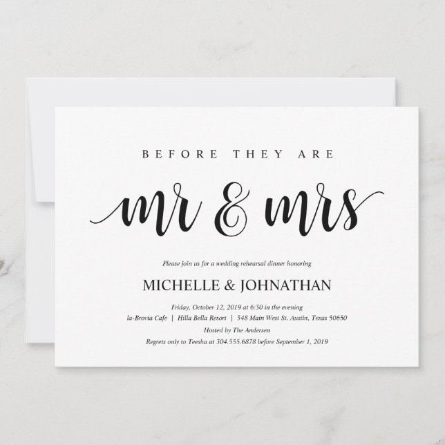 Invitation Dîner de répétition Mariage rustique, noir et blan (Devant)