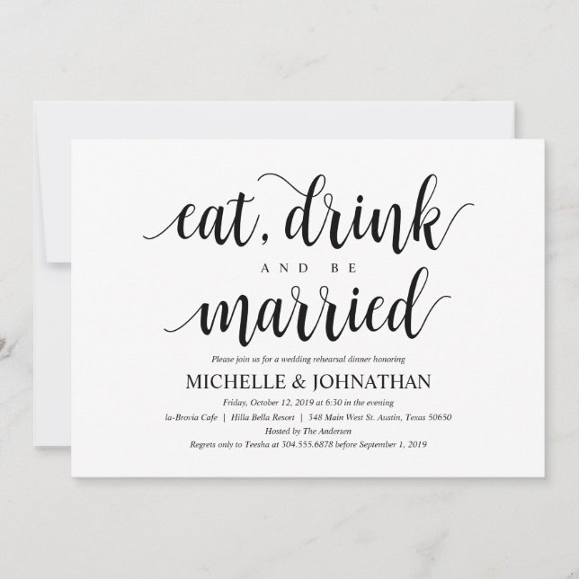 Invitation Dîner de répétition Mariage rustique, noir et blan (Devant)