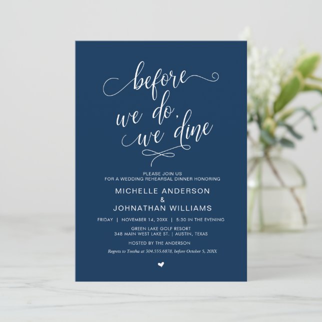 Invitation Dîner de répétition mariage, Simple Navy Blue Scri (Debout devant)