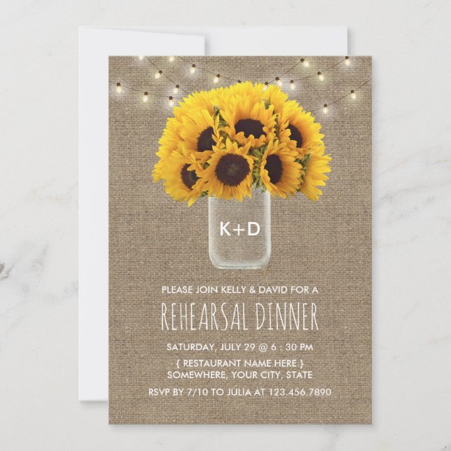Invitation Dîner de répétition Mariage Sunflower & String Lig (Devant)