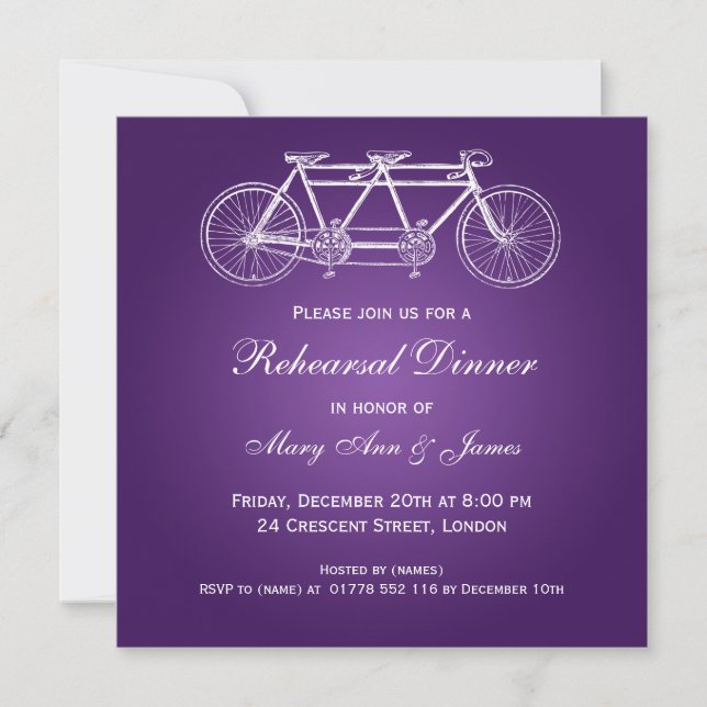 Invitation Dîner de répétition Mariage Tandem Bike Purple (Devant)