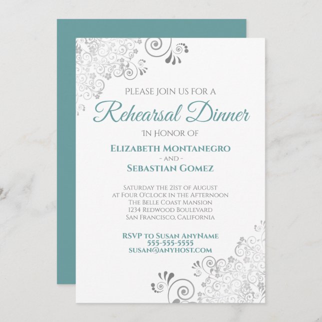 Invitation Dîner de répétition Mariage turquoise et gris (Devant / Derrière)