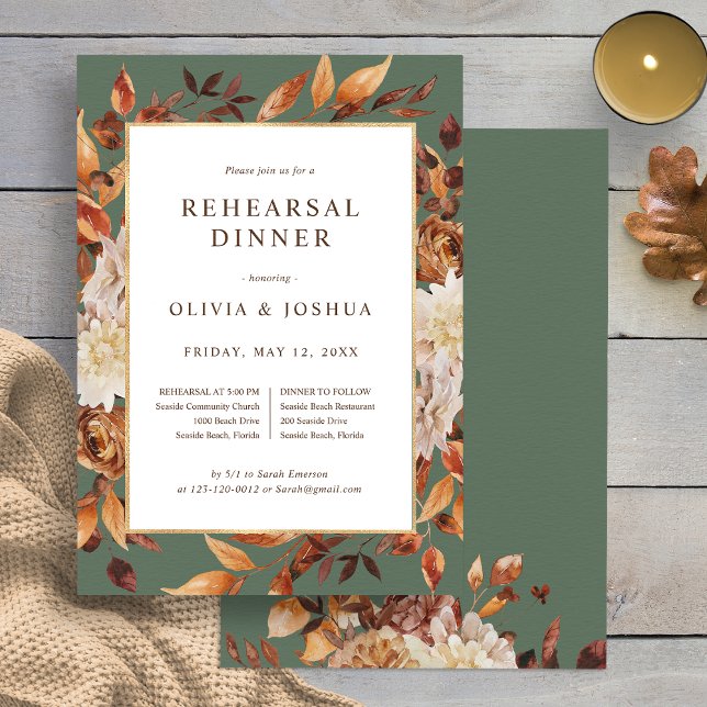 Invitation Dîner de répétition Mariage vert automne (Elegant Fall Sage Green Floral Wedding Rehearsal Dinner Invitation by Painted Paperie
)