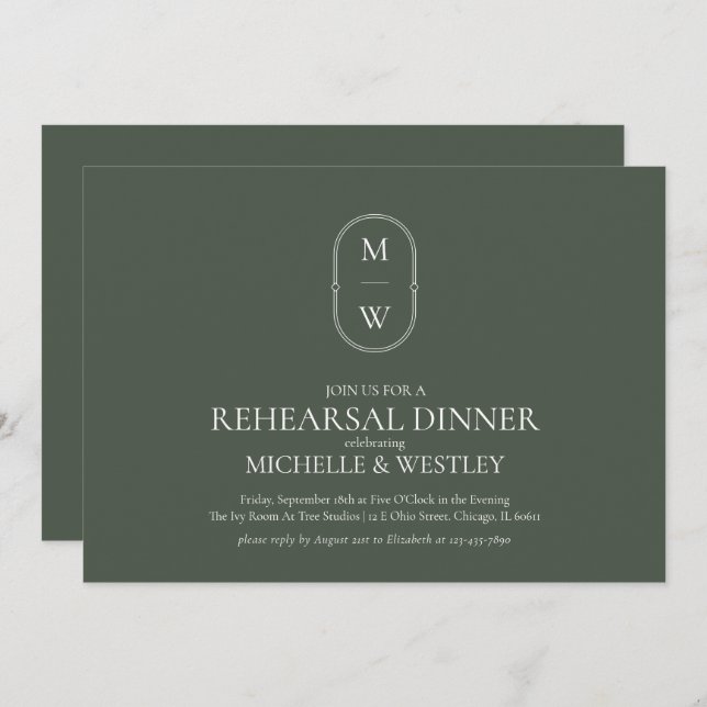 Invitation Dîner de répétition Mariage vert Monogram Moss (Devant / Derrière)