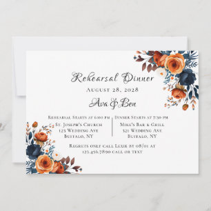 Invitation Dîner de répétition Marine Blue and Orange Peony