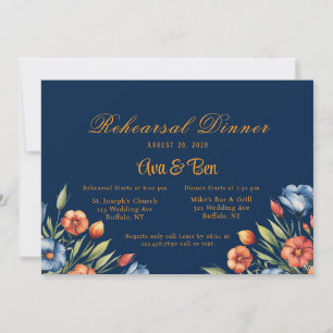 Invitation Dîner de répétition Marine Blue and Orange Peony