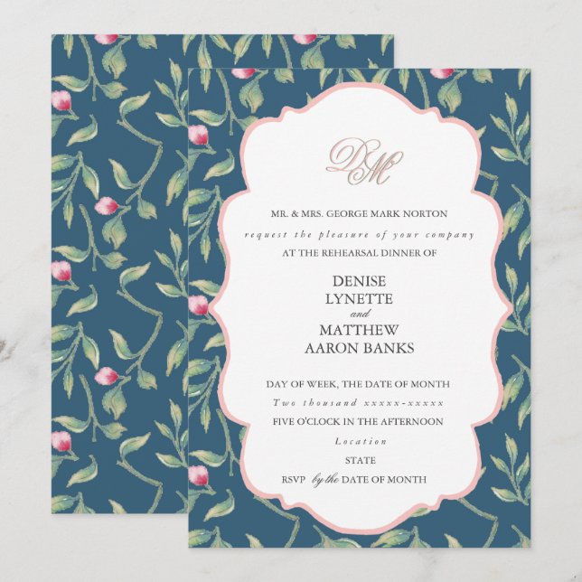 Invitation Dîner de répétition Midnight Teal et rose Gossamer (Devant / Derrière)