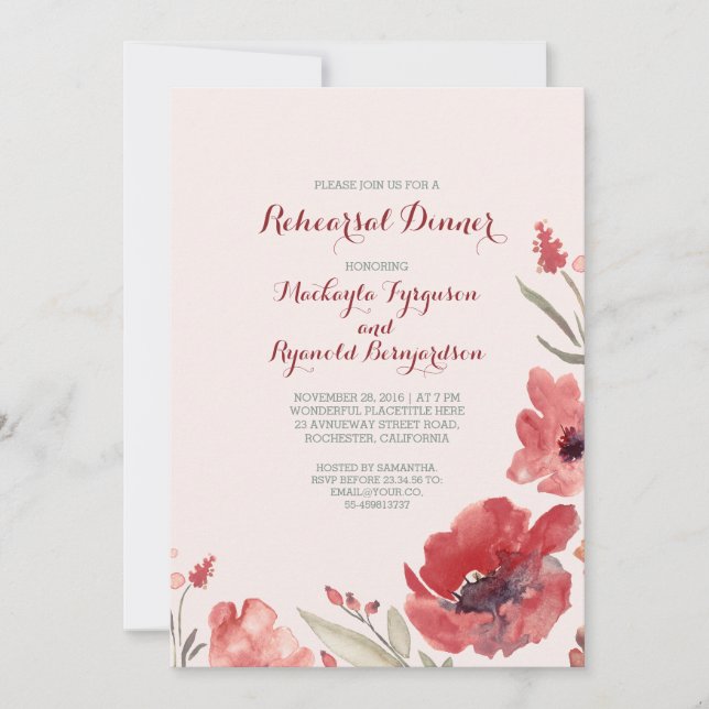 Invitation Dîner de répétition mignon aux fleurs d'aquarelle  (Devant)