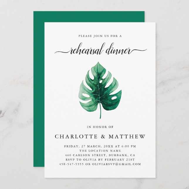Invitation Dîner de répétition minimal vert tropicale (Devant / Derrière)