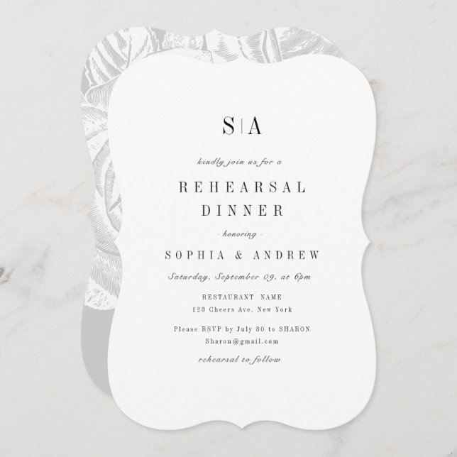Invitation Dîner de répétition minimaliste monogramme sophist (Devant / Derrière)