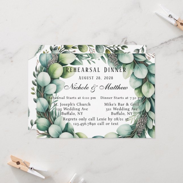 Invitation Dîner de répétition Mint Green & Sage Eucalyptus (Devant/Arrière en situation)