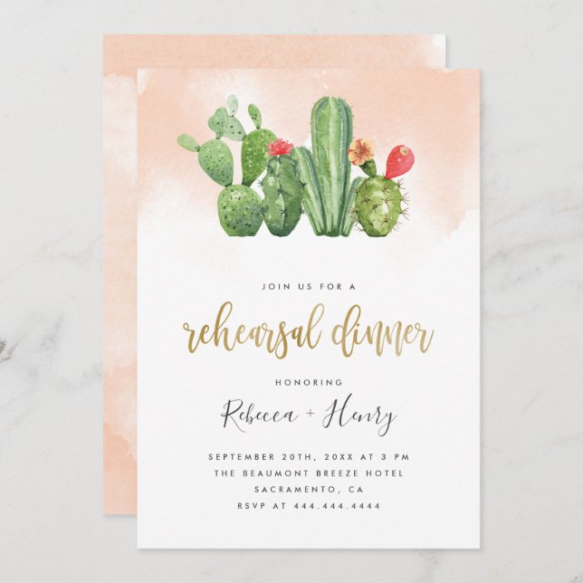 Invitation Dîner de répétition moderne Blush Watercolor & Cac (Devant / Derrière)