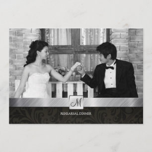 Invitation Dîner de répétition moderne en noir Damas et argen